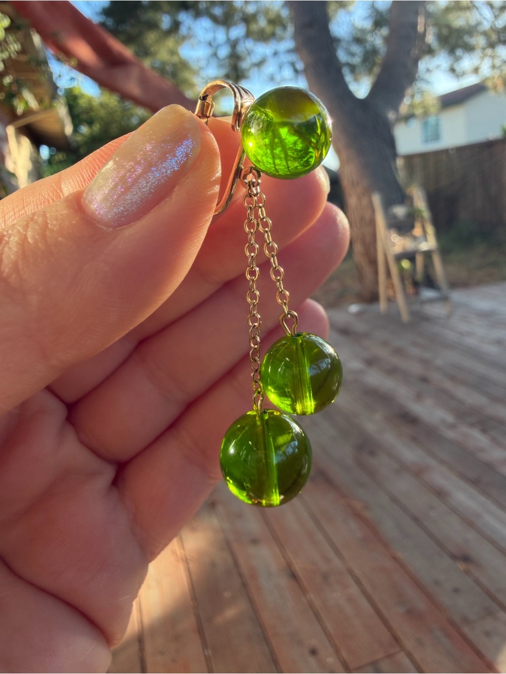 Rare Mystical Green Glass Drop Earrings | Signed Richelieu - Picture 3 of 11